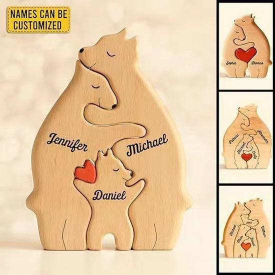 Wooden Mother and Son Bear Hugging Ornament - Solid Wood Puzzle for Bedroom or Living Room Decor.