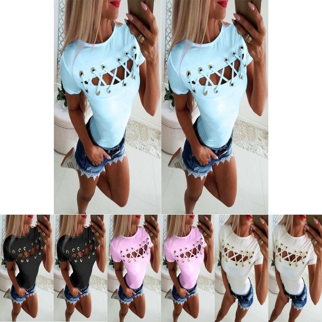 Elegant Sexy Ladies Women's Short Sleeve Cross Lace Up Bodycon Blouse Tops Slim T-shirt