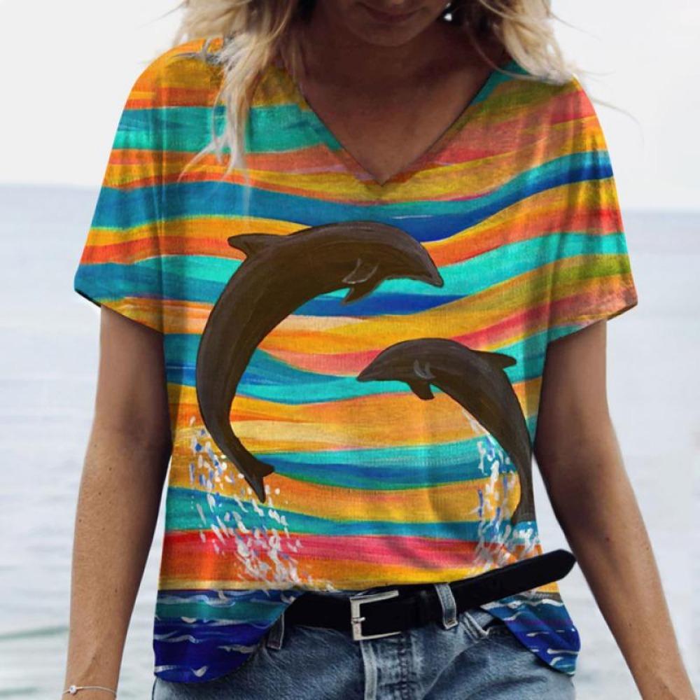 2026 New 3D Printed Women's Dolphin Printed T-shirt V-neck Top Retro Aesthetic Clothing Loose Fun Fashion Novelty T-shirt