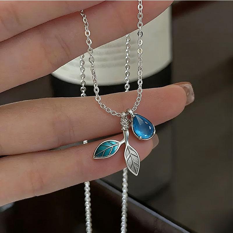 

S925 Sterling Silver Necklaces For Women Simple Minimalist Pendant Necklaces Blue Leaf Moon Stone Chain Necklace Birthday Gift