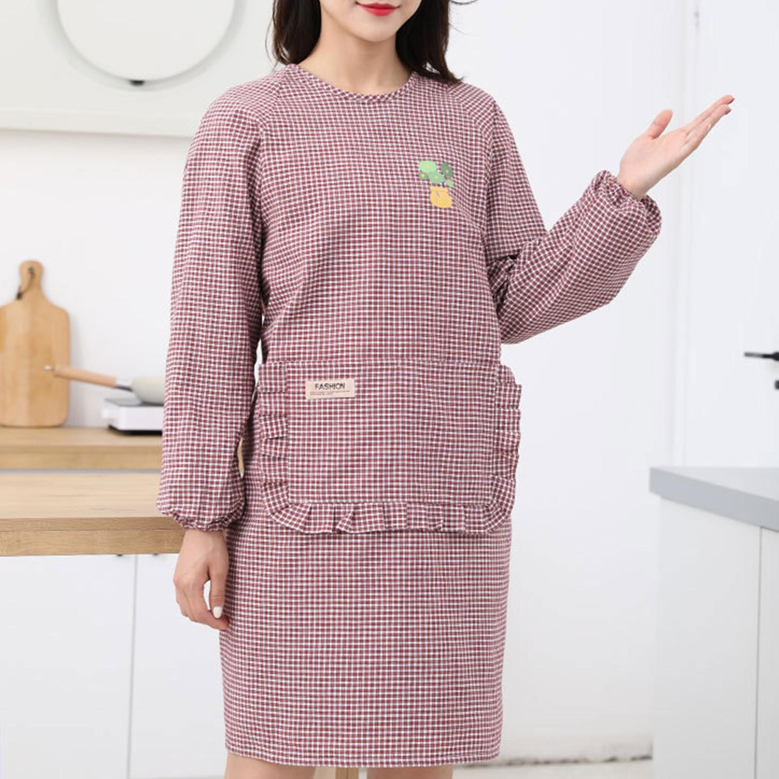 Long Sleeve Apron Women Plaid Simple Waterproof Oil-Proof Breathable Household Aprons Wear-Resistant Kitchen Cleaning tools One Size арбуз красный