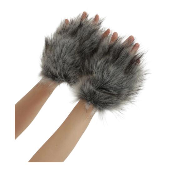 Wolf Paw Gloves Fingerless Warm Fuzzy Gloves Animal Cosplay Hand Paws Faux Fur Gloves for Halloween Christmas Dress-Up Party Costume