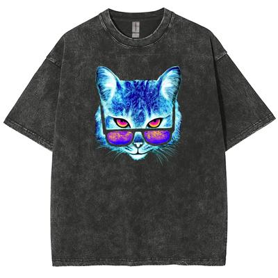 Blauwe Vrouw met Zonnebril Kattenprint T-shirt Modeontwerp Gewassen Losse Mouw Neutrale Zomertop
