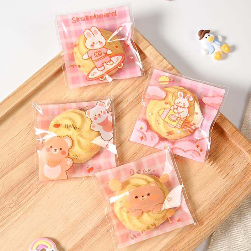 100 buc pungă autoadezivă pentru gustări, transparentă, cu desene animate, ursuleț de iepure, bomboane cadou, pungă, petrecere de ziua de naștere, cadou de copt, consumabile