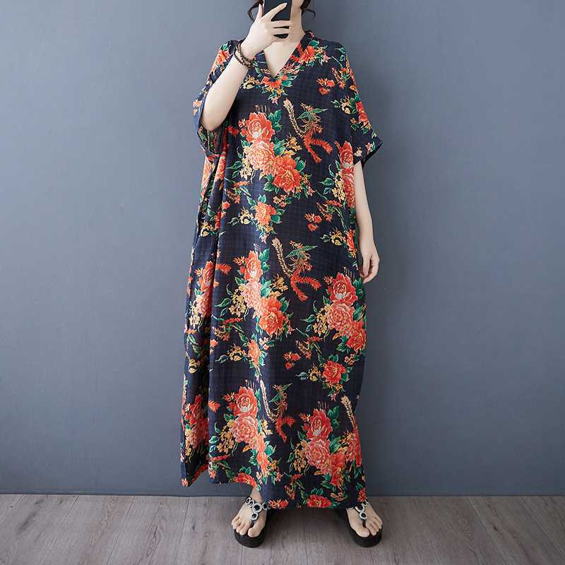 Vestido de Algodón Lino de Verano Color Viaje Cuello en V Retro Falda Larga