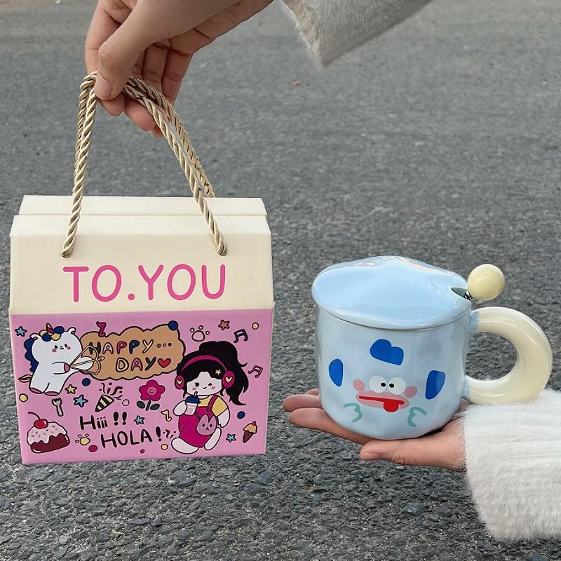 Cute Expression Mug with Lid Spoon Ceramic Cup Girls Couple Water Cup Home Children Breakfast Coffee Cup Men