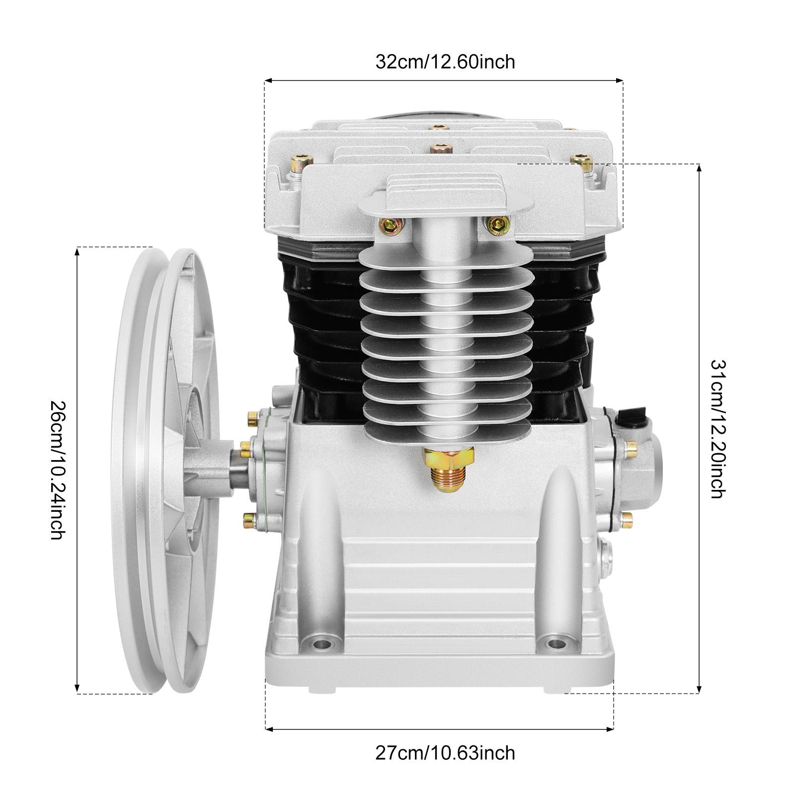 

Головка повітряного компресора, Головка повітряного компресора з 2 циліндрами, Різьба NPT 1/2, Головка повітряного компресора 960 об/хв з шківом срібний