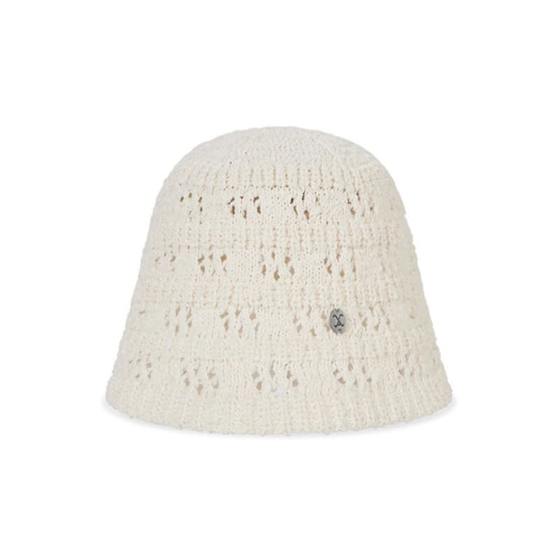VARZAR VA Curved Oval Metal Floral Punching Knit Bucket Hat Cream