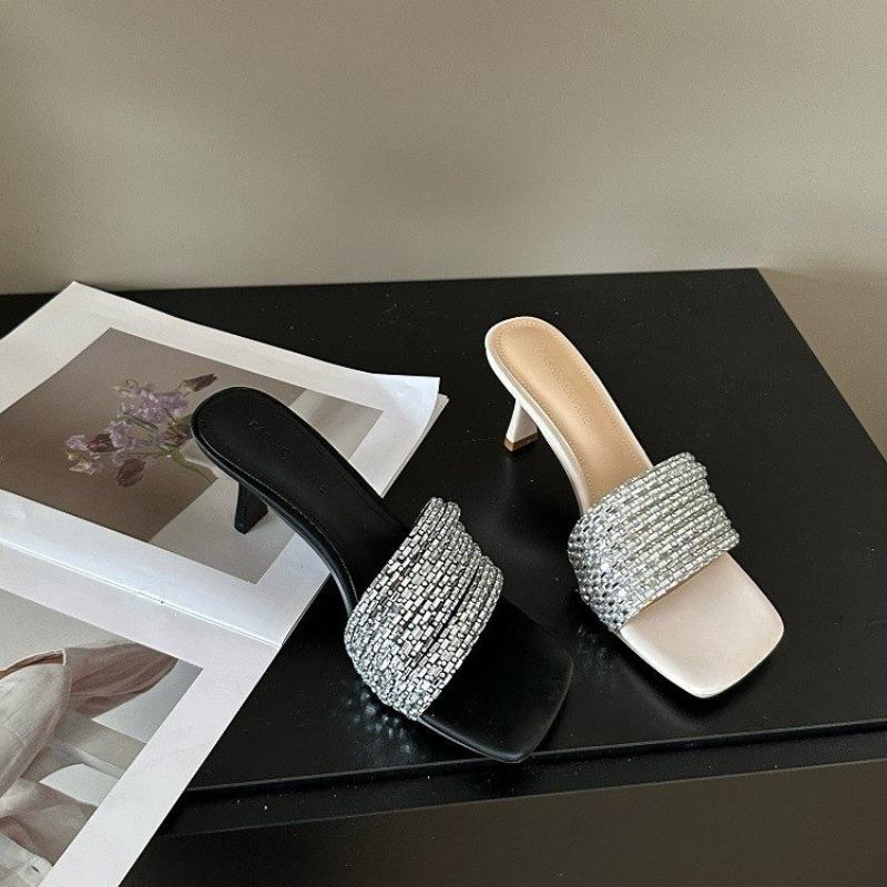 Fashion 2024 Women's Sandals Summer Crystal Belt High Heels Black Women's Slippers Sexy Luxury Square Toe Party Sandals