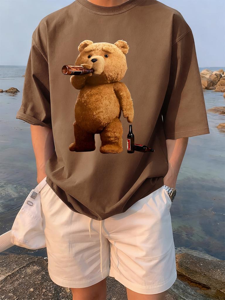 The Melancholic Bear Drinking Printing TShirt Women Cotton Summer T Shirt Comfortable Loose ONeck Tops Street Woman Clothes