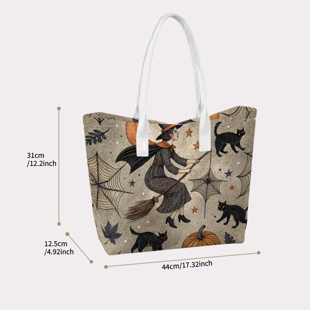 Halloween Witch Cat Print Tote Bag Fashion Vintage Daily Portable Shoulder Bag