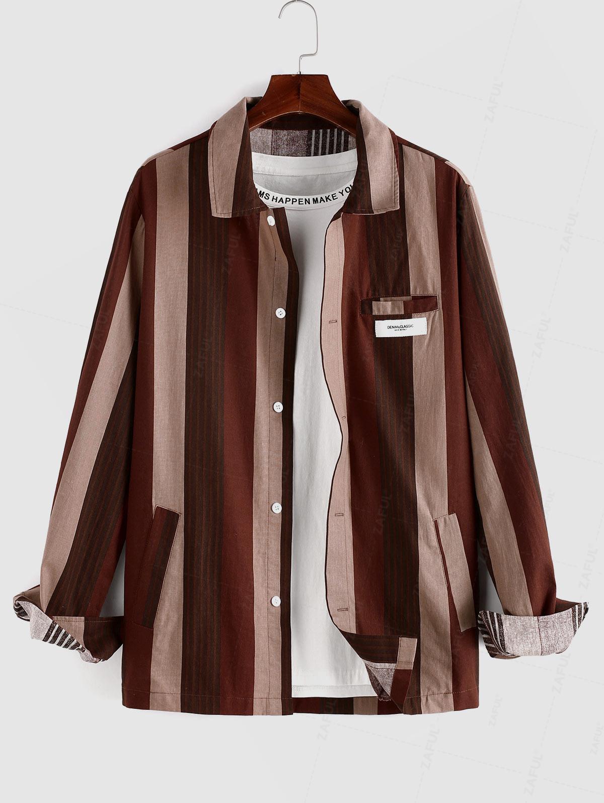 

ZAFUL Рубашка с длинным рукавом и контрастным полосатым принтом и заплатками XL кофейный