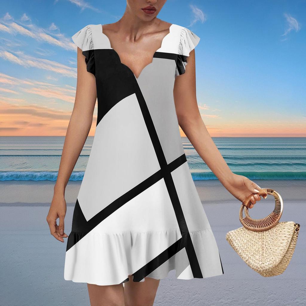 Women's Fashion Casual V Neck Wavy Edge Texture Print Short Sleeve Dress
