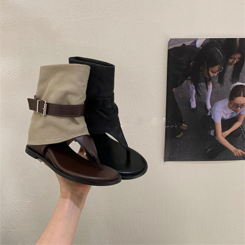 Retro Hong Kong style summer fashion cool boots casual belt buckle toe versatile short boots wedge heel shoes