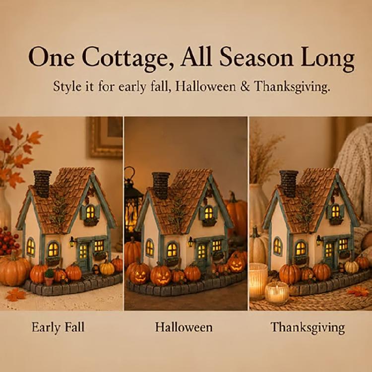 Indoor Resin Harvest House Statue with Warm Window Lighting for Halloween Shelf Styling and Seasonal Fall Scenes