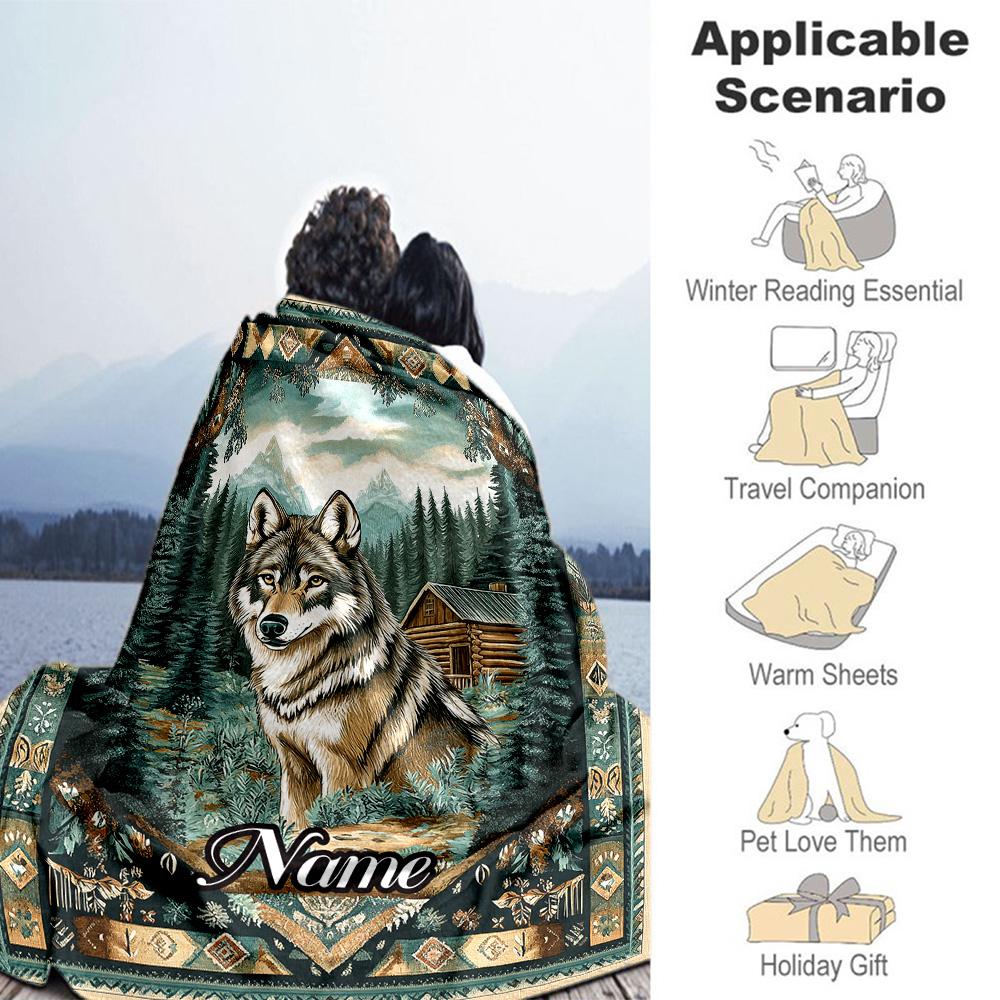 Wolf Cabin Customize Text Blanket Cozy Customizable Blanket Soft Warm Cozy Perfect for Picnics Couch Seaside Office Ideal for All Seasons