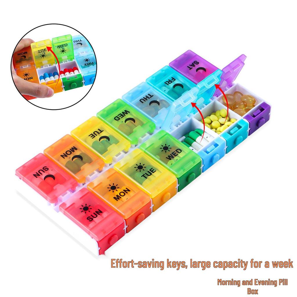 Portable 14-Grid Press-Type Weekly Pill Organizer Box