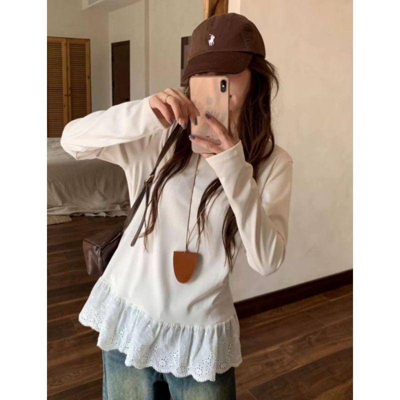White Lace Trim Plush Long-Sleeve Round Neck Casual Top for Autumn/Winter Medium
