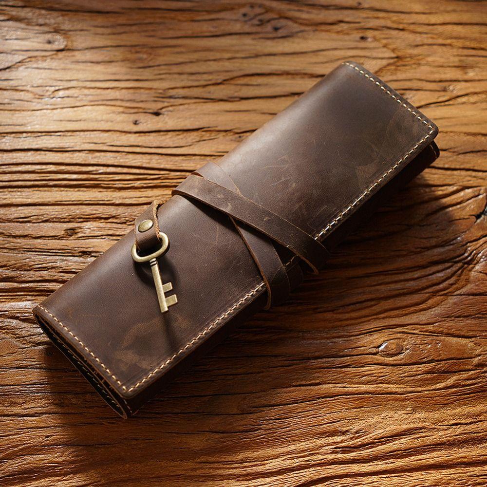 

Pens Bag Foldable Leathe Pencil Bag Genuine Leather Nature Cowhide Pen Protection Bag Student Gift