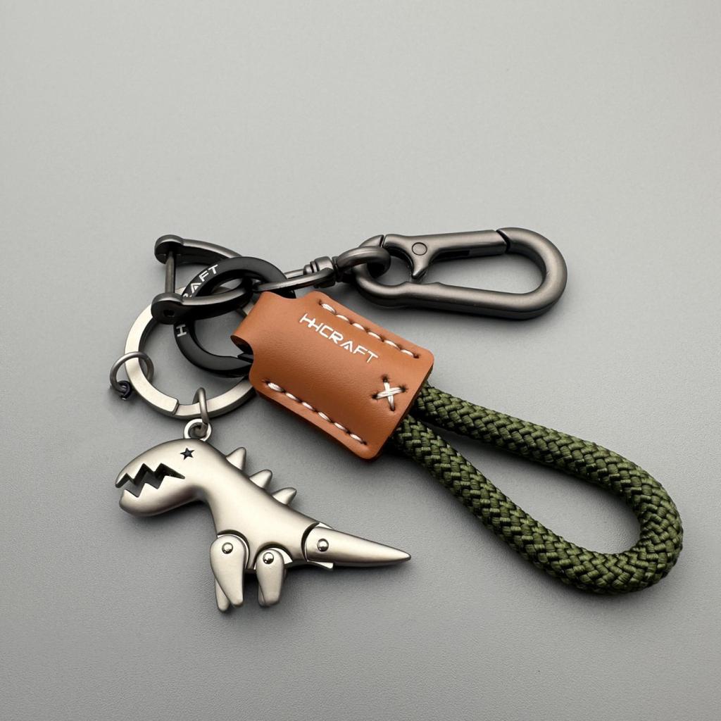 Premium Woven Leather Metal Dinosaur Keychain for Motorcycle Car Handbag Backpack Pendant Gift Accessories with Bracelet