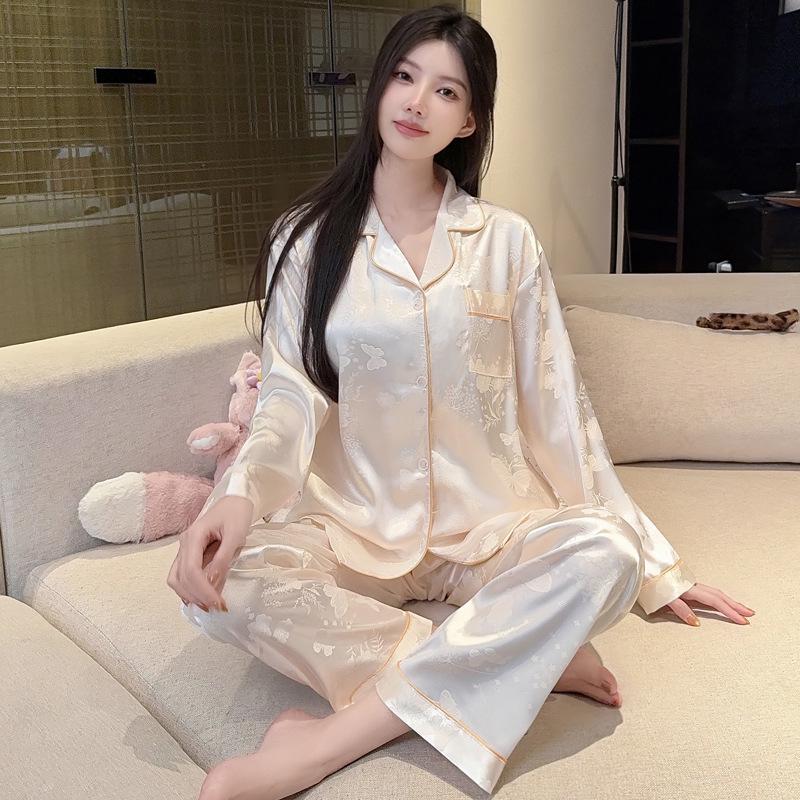 French Floral Ice Silk Long-Sleeve Ruffle Pajamas for Women - Spring & Autumn
