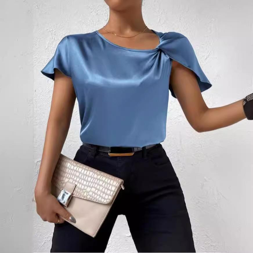 European and American summer satin short sleeves, satin kinks, solid color loose and versatile top women