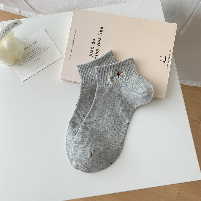 Women's Spring and Summer Thin Versatile Preppy Cute Polka Dot Embroidered Cotton Breathable Short Tube Socks