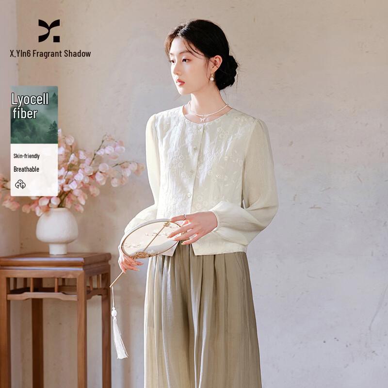 New Chinese Style Embroidered White Puff Sleeve Blouse XL