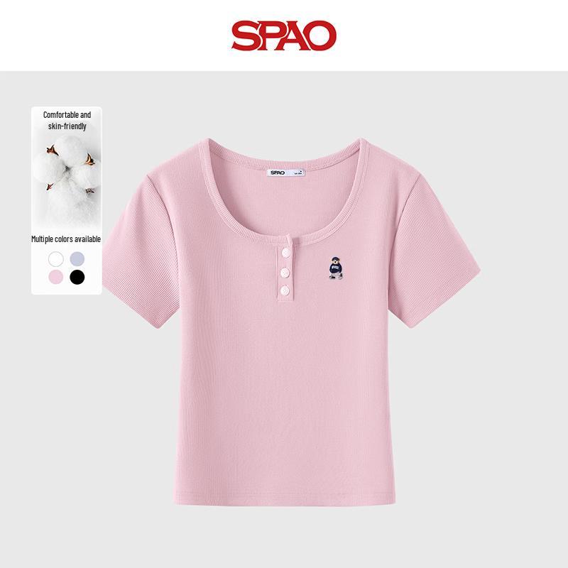 SPAO Women s Embroidered Navy Bear Slim-Fit T-Shirt S