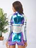 S-3XL Ladies Space Party Jumpsuit Alien Robot Design Metallic Shiny Contrast Color Long Sleeve Back Zipper Bodysuit for Halloween Cosplay