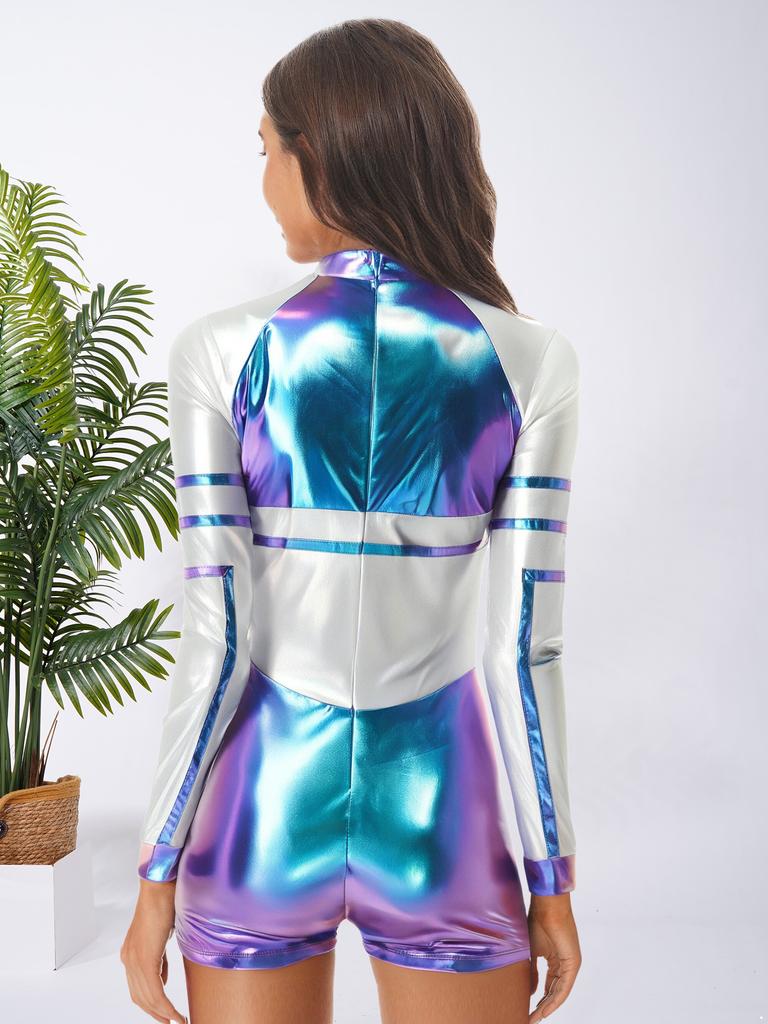 S-3XL Ladies Space Party Jumpsuit Alien Robot Design Metallic Shiny Contrast Color Long Sleeve Back Zipper Bodysuit for Halloween Cosplay