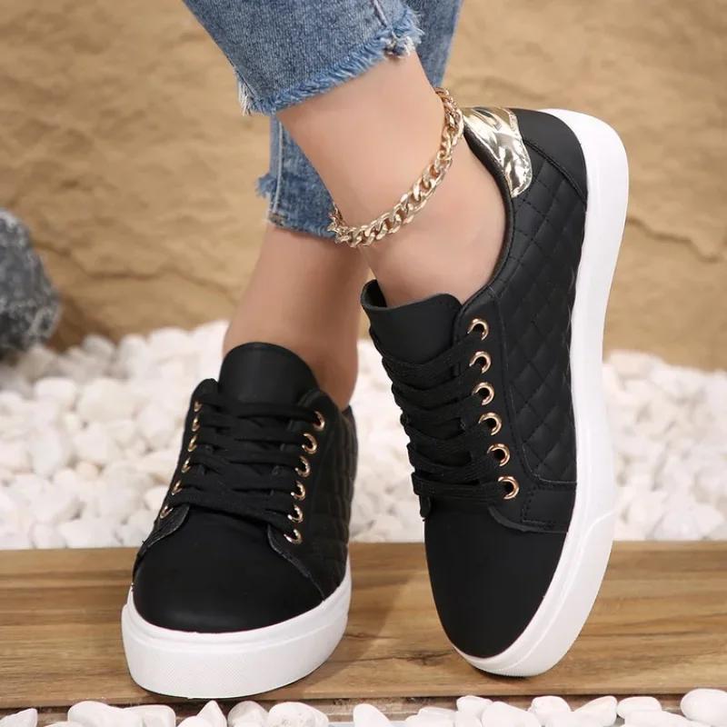 

2025 New Year Women White Sneakers Spring Autumn Womens Fashion Black Lace-up Soft Soled PU Leather Shoes Ladies Casual Shoes 35 чёрный