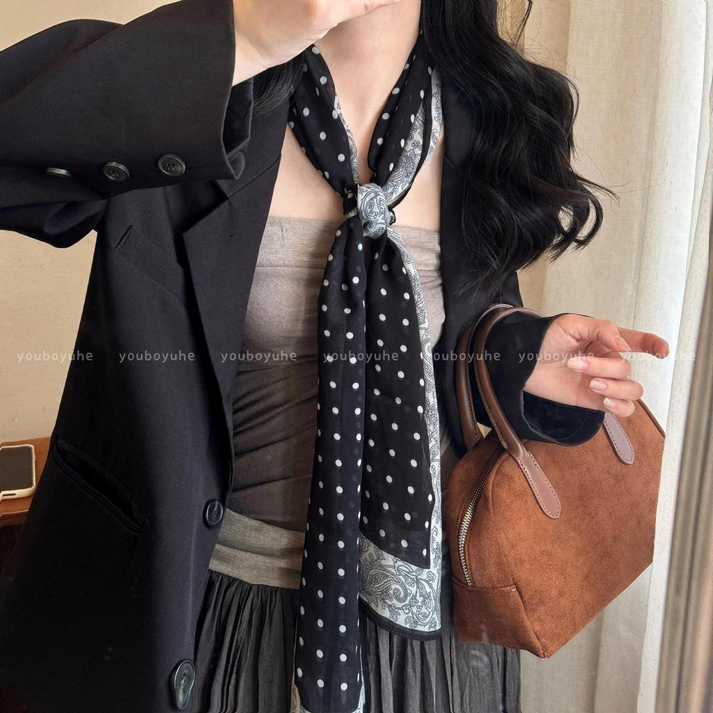 Korean-Style Brown Polka Dot Tie-Neck Scarf: Versatile Women's Ribbon Accessory for 2025