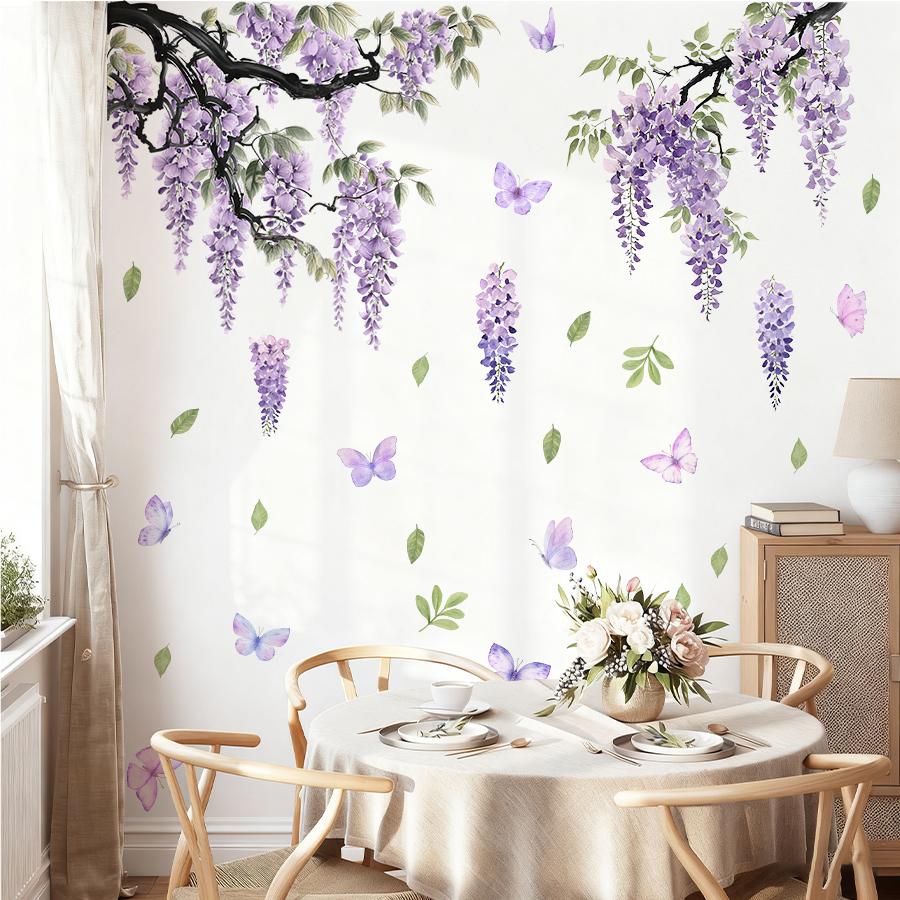 2Pc Wisteria Flower Butterfly Wall Decals For Girls Bedroom Living Room Decor Removable Vinyl Stickers Art Mural Home Decoration