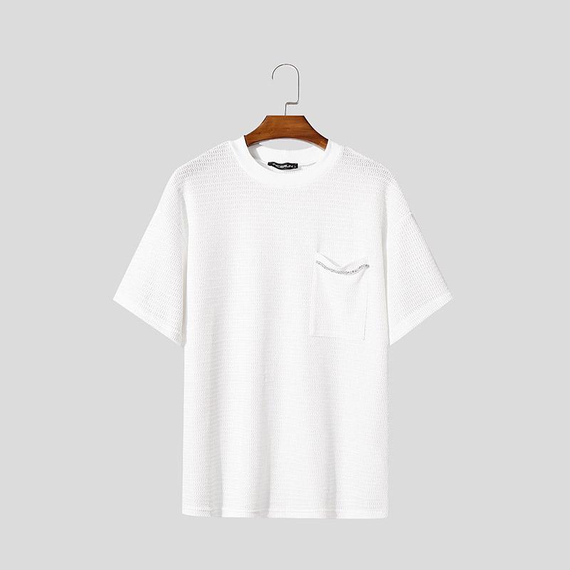 

INCERUN Summer Men Short Sleeves Hollow See Through Casual Loose Basic T-shirts 2XL белый