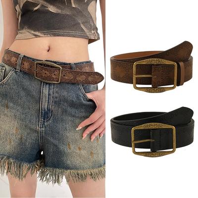 Cintura Vintage in Ecopelle PU Floreale Goffrata per Donna Fibbia ad Ardiglione in Metallo Oro Bronzo Cinture Lunghe per la Vita Cinghie Decorative PU Y2K Etniche