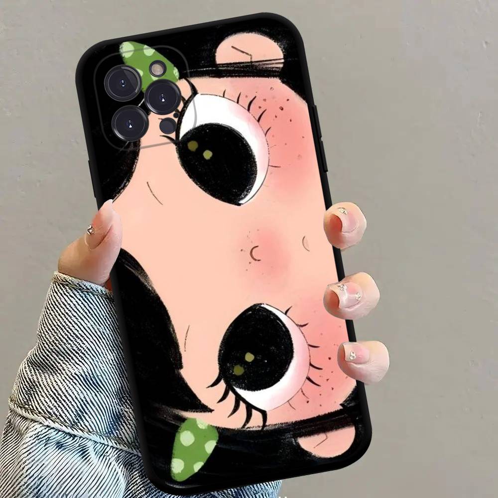 Kawaii Cute Black Big Eyes Cool Phone Case For iPhone 17 16 15 14 13 12 11 Pro Max Plus Mini Soft Silicone Black Shockproof TPU