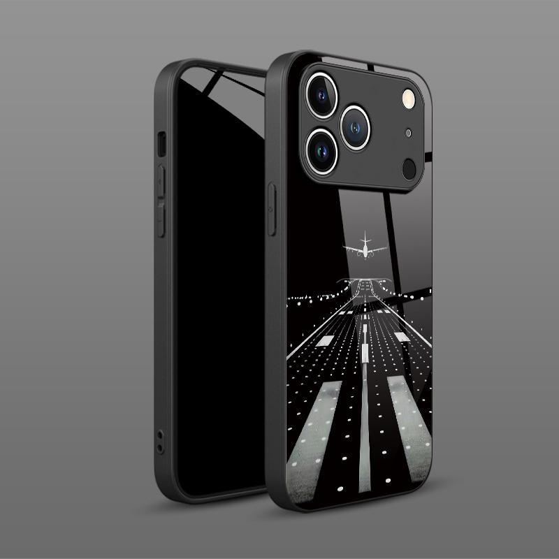 Black and White Night Scene Runway Airplane Pattern HD Glass Phone Case for iPhone 17 16 15 14 13Pro 12 11 11Pro Stylish Case