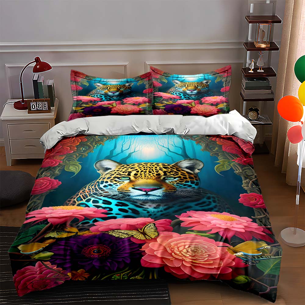 

Leopard floral jungle Bedding Duvet cover sets Duvet covers Pillowcases gifts (1 * Duvet Cover 2 * Pillowcases, without duvet insert) 135x200cm