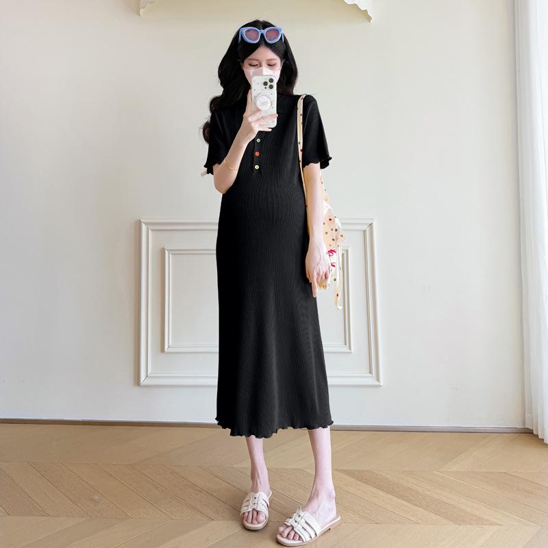 Trendy Summer Maternity Knit Dress - Colorful Button POLO Collar Skirt Large