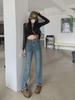 Women's Black High-Waist Wide-Leg Jeans - Floor-Length, Plush Lining, Warm, Loose Fit