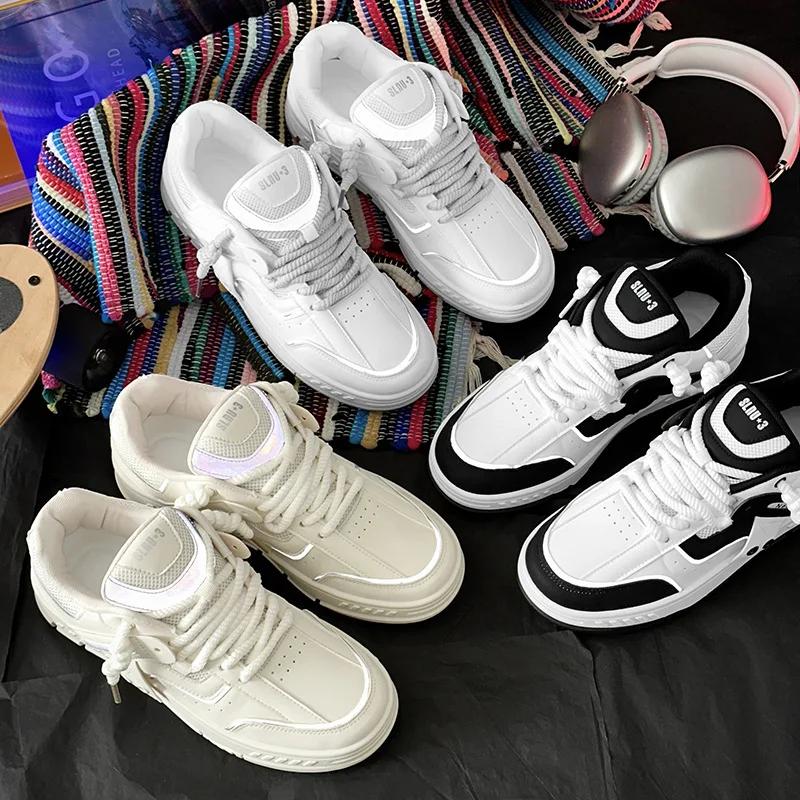 Men Breathable Comfort Board Shoes Thick Sole Non-slip Sneakers Trendy Hundred Leather Casual Shoes Men Zapatillas Tenis Hombres