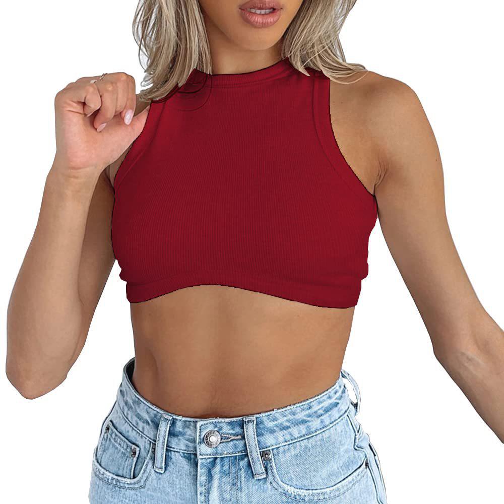 Dámský crop top bez rukávů z žebrovaného úpletu - Sexy styl s kulatým výstřihem