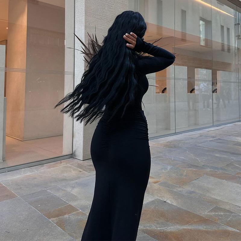 Sexy Mock Neck Side Split Long Dresses Women Slim Elegant Long Sleeved Package Hip Dress Spring Solid Evening Party Robes