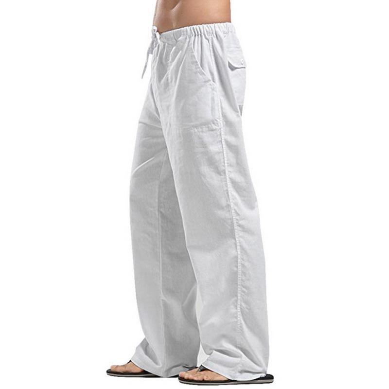 Men s Linen Plus Size Pocketed Casual Plain Fashionable Beach Trousers S белый