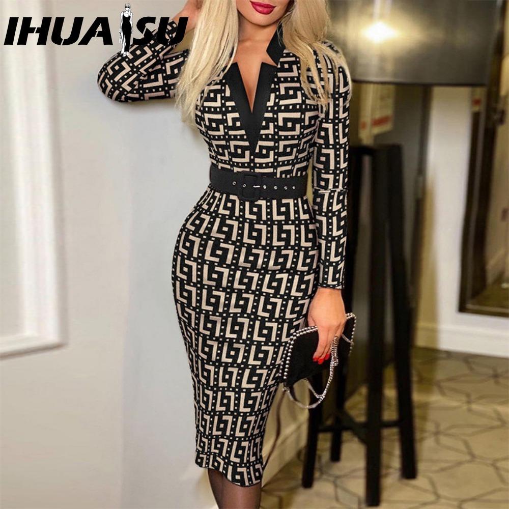 

IHUASU Женская мода Весна Осень Длинный рукав V-образный вырез Завышенная талия Повседневные платья XXL
