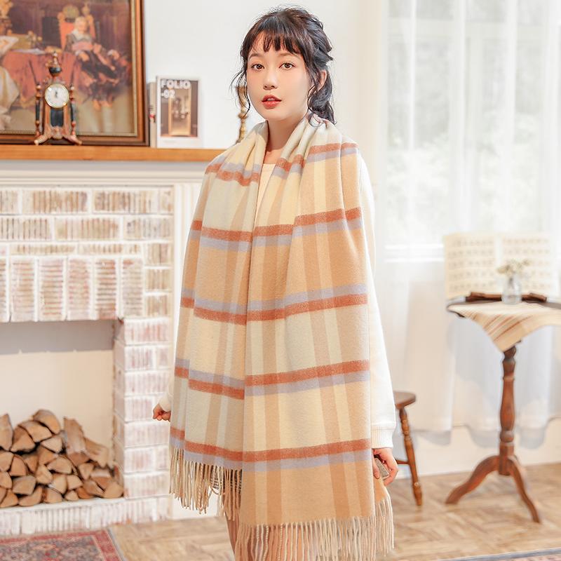 100% Wool Scarf Women Thicken Warm Pink Plaid Echarpe Shawls and Wraps Checkered Pashmina Winter Cashmere Scarves Foulard Femme