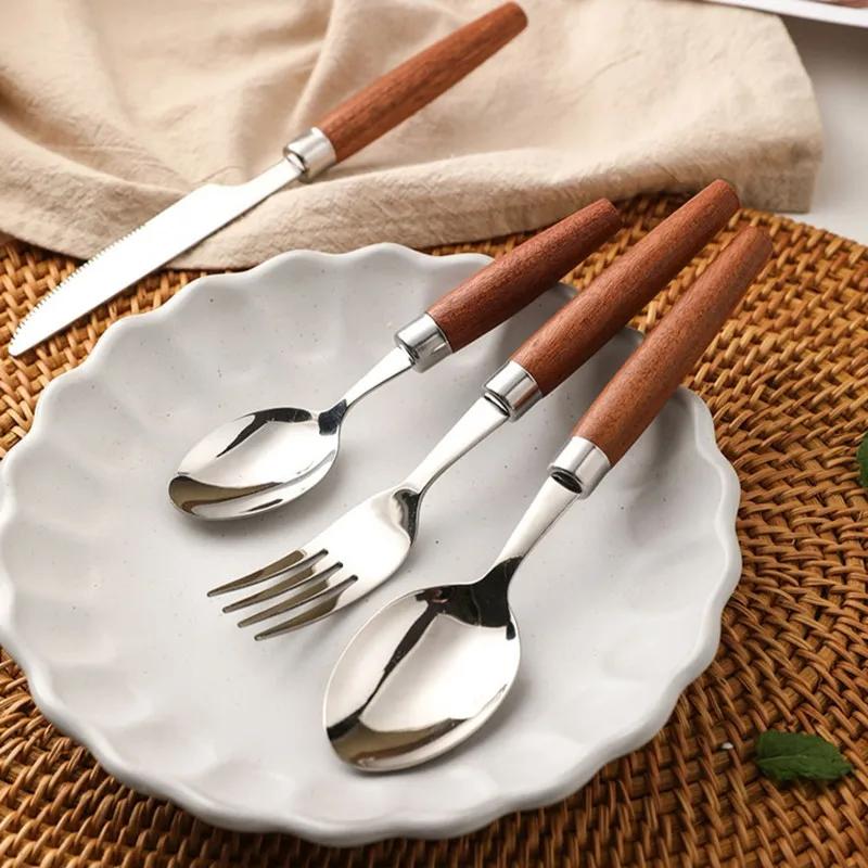 Wooden Handle Tableware Stainless Steel Knife Fork Spoon Western Cutlery Tea Spoon Steak Knife Fork Kitchen Restaurant Utensil