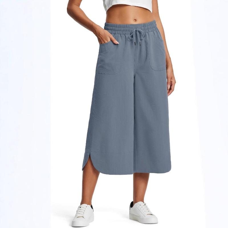 Women's Spring Summer Elastic Waist Wide Leg Loose Casual Capri Pants