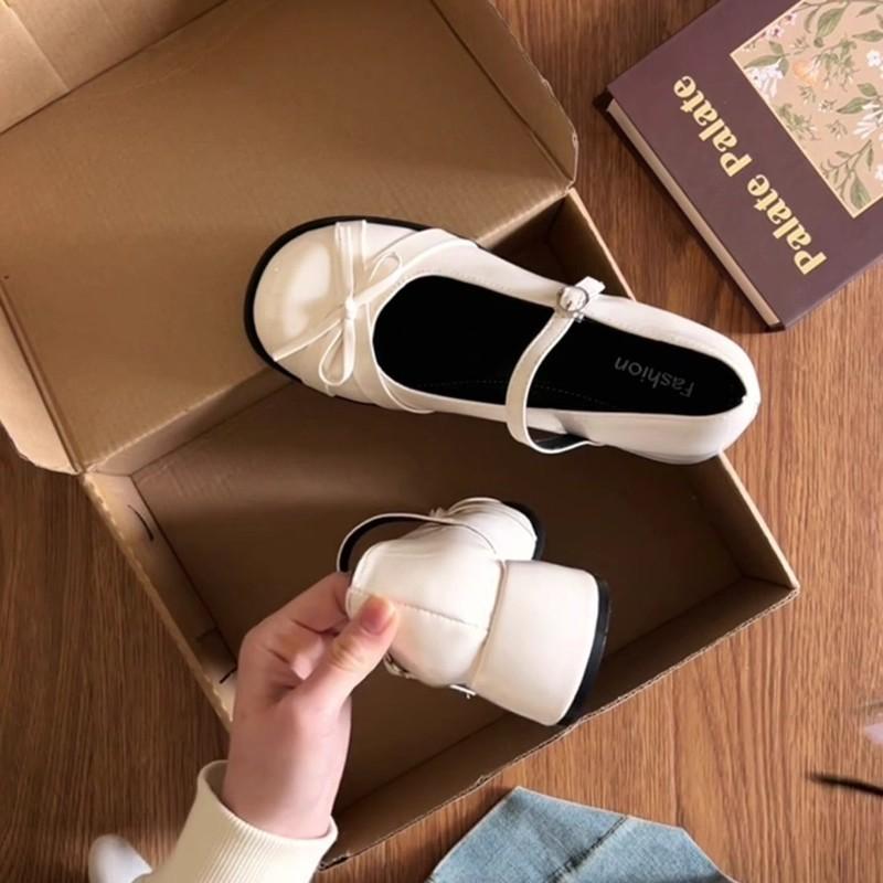 White Mary Jane Shoes Women's New Summer Bow Temperament Thick Heel Single Shoes Small Leather Shoes